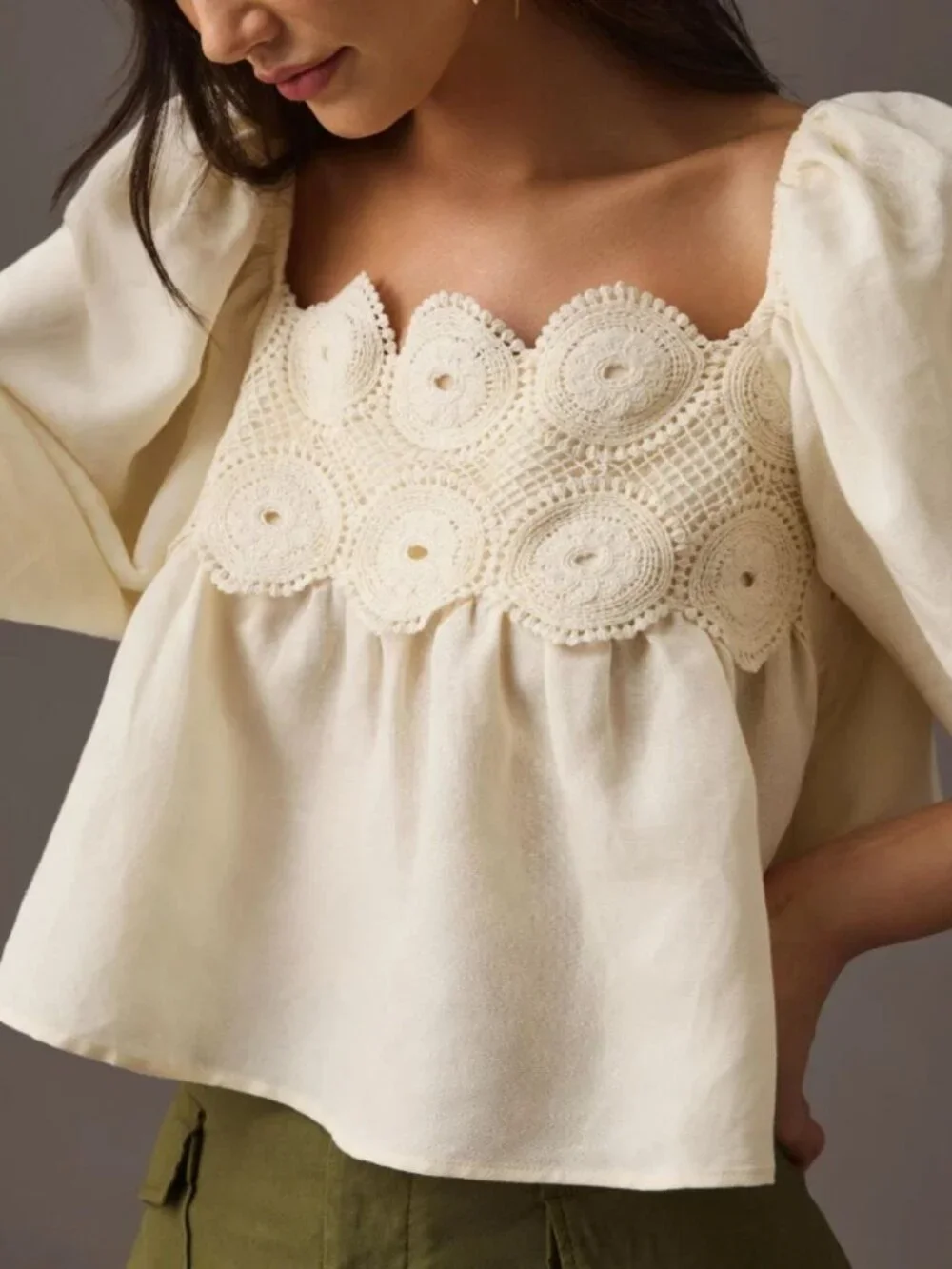 Anthropologie Women's Cream Lace Babydoll Crop Top Size Small 8533